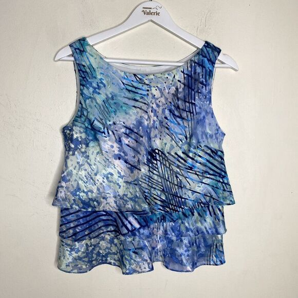Alex Evenings Blue & Green Pattern Tiered Ruffle Tank Top Size Medium - Picture 2 of 10